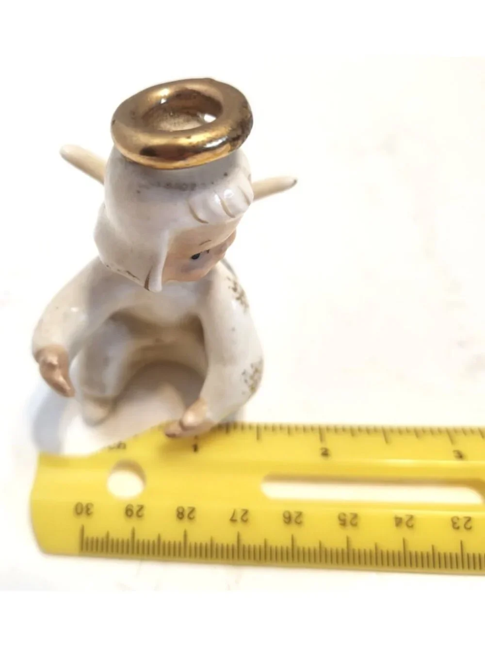 Vintage Lefton's Hand-Painted Ceramic Angel Figurine Gold & Halo Wings READ
